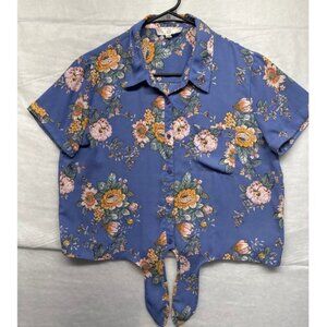 Pink Rose Vintage Blue Floral Print Tie Front Button Up Shirt Top Women's Large